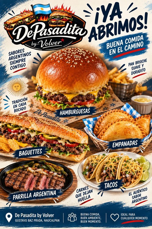 De Pasadita by Volver - Menú de hamburguesas, arrachera, rib eye, empanadas, tacos y baguettes